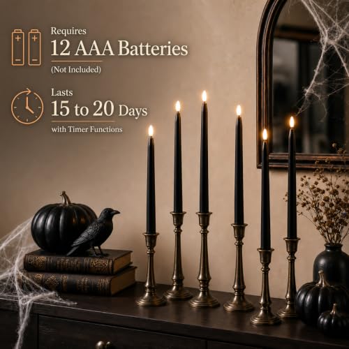 Image of Rhytsing 6-Pack Black Flameless Taper Candles with 2 Remotes for Halloween | Timer Function, Smooth Wax Finish, 3D Faux Flame, H 11 inch, Battery Candlesticks for Halloween Decor, Warm White Glow