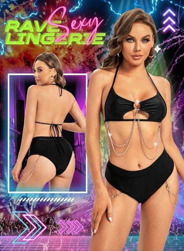 Rave Outfits for Women - Bikini Top Music Festival Underboob Shirt High Cut Bottom Disco Outfit with Silver Chain4