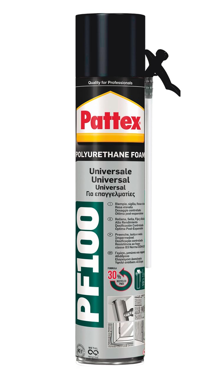 Pattex PU Foam Schiuma Poliuretanica Universale PF 100, Resistente al Fuoco per Riempimenti, Coibentazioni, Insonorizzazioni e Sigillature in Infissi, Impianti di Riscaldamento, Refrigerazione, 750ml