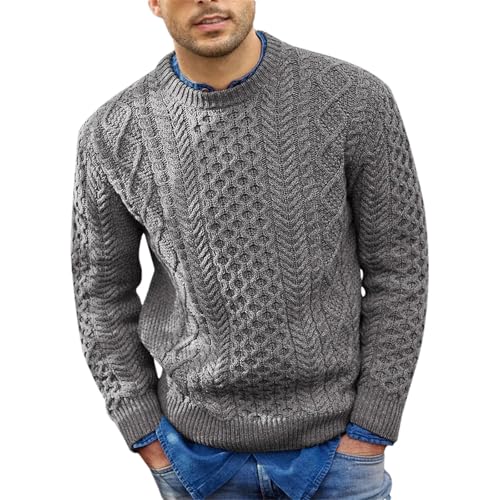 Men's O-Neck Knitted Sweater Classic Solid Long Sleeve Slim Fit Warm Twisted Pullover Sweater