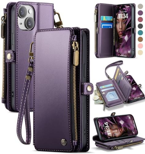 Defencase Compatible with iPhone 13 Case Wallet with RFID Blocking Card Holder for Women and Men, Fashion PU Leather Magnetic Snap Flip Zipper Strap Wallet Phone Case Fit for iPhone 13 6.1', Purple