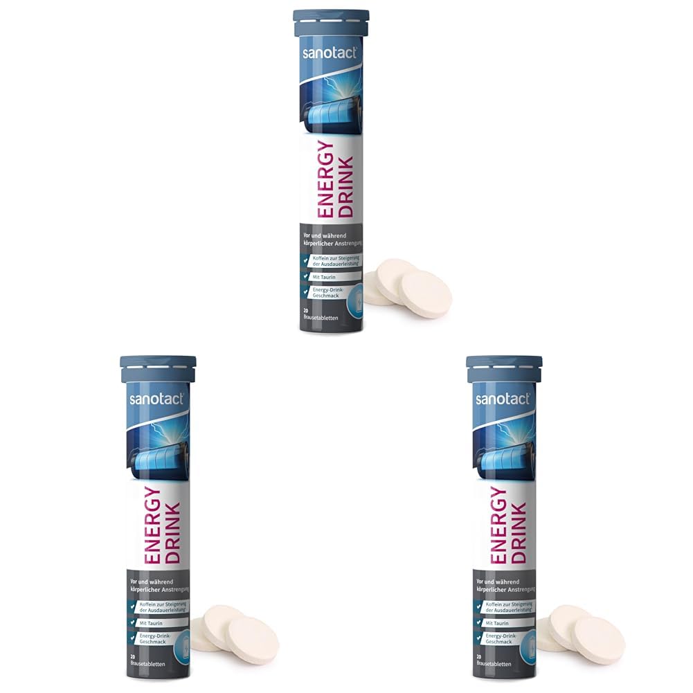 sanotact Energy Drink (20 Brausetabletten) • Taurin + Koffein + B Vitamine • Zucker- & kalorienfrei • Brausetabletten mit Koffein zur Steigerung der Ausdauerleistung • Energy-Drink-Geschmack