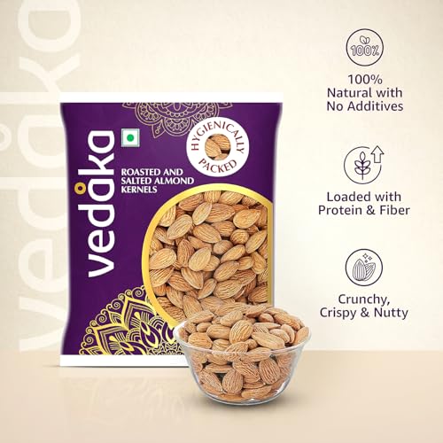 Image of Amazon Brand - Vedaka Roasted & Salted Almonds | 200 g | Lightly Salted California Almonds | Badam | Dry Fruit Snack | Delicious & Crispy