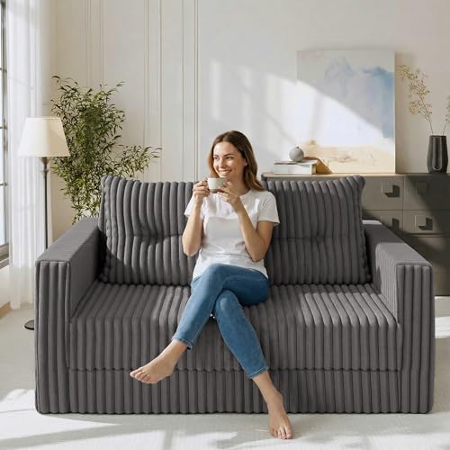 Image of HABUTWAY 49.8 inch Loveseat Boneless Couch, 4-in-1 Convertible Sofa Bed, Plush Fur Folding Futon Sofa Bed Couches with a Pillow for Living Room, High-Density Foam Support, No Assembly Required, Grey