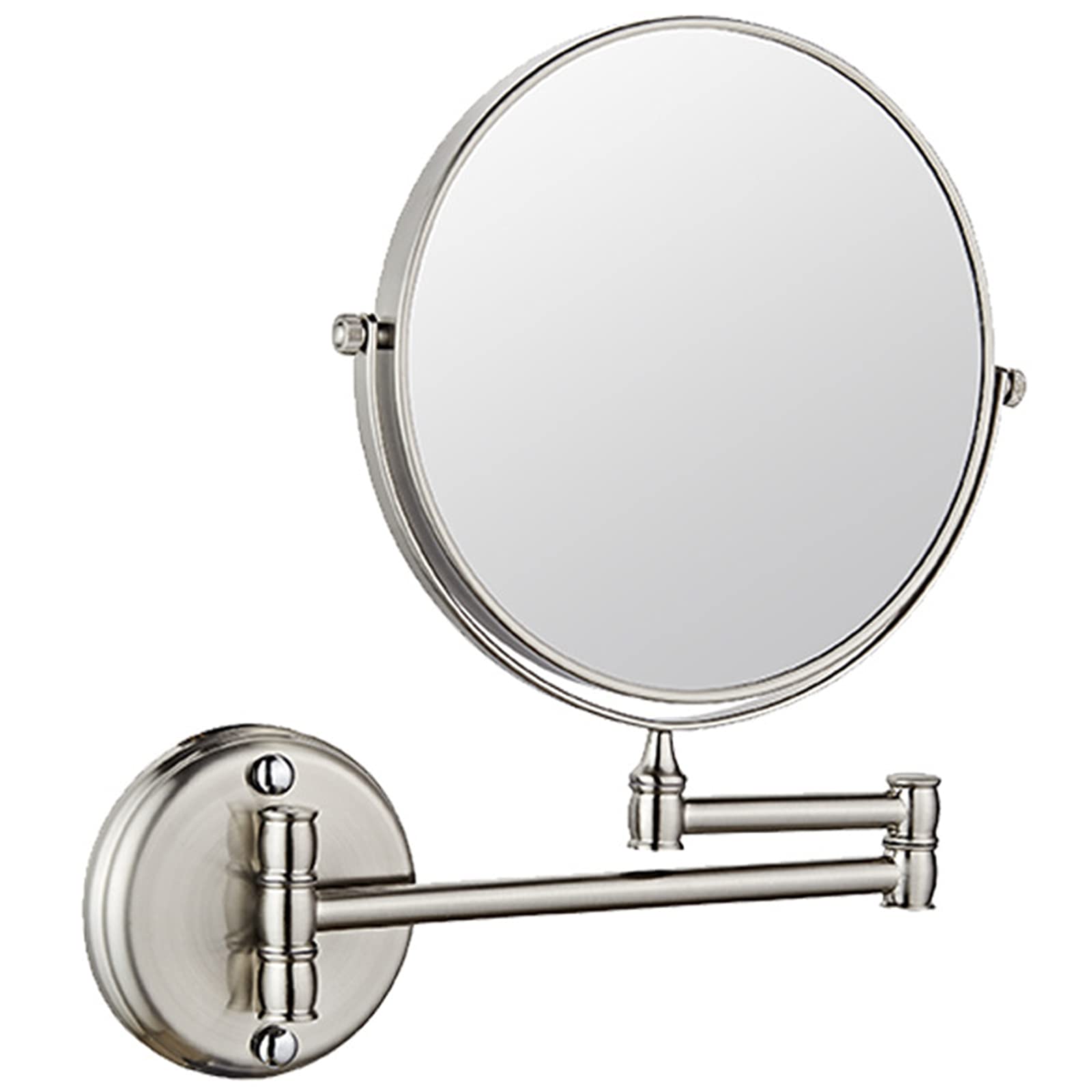 SXFSDOU Wall Mounted Makeup Mirror, 360 Swivel Double Sided Vanity Mirror with Magnification, Bathroom Extendable Round Shaving Mirror,Brushed Nickel,10X