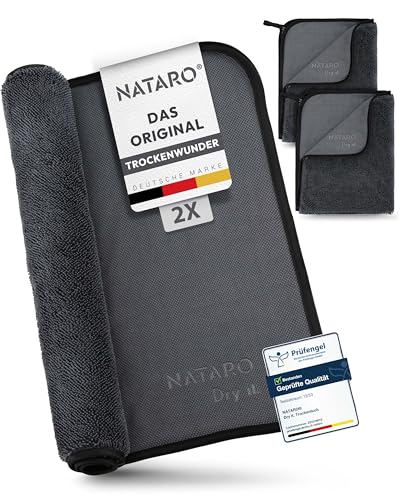 NATARO® 2 Stück Fast Dry it. Premium Trockentuch für Duschkabine, Auto, Haushalt, Camping – DAS ORIGINAL – extra saugfähiges Microfasertuch, fusselfrei, kratzfrei Shiny Wipes Tücher 40x50cm