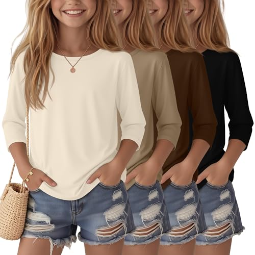 Image of 4 Pack Girls 3 /4 Sleeve T Shirts Kids Crewneck Elbow Sleeve Casual Tops Solid Basic Cute Teen Tees 5-14Y