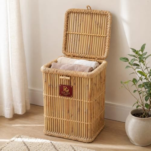 Bamboo Laundry Hamper with Lid, Tall Handwoven Storage Basket wit...