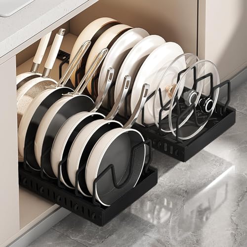 AmoiChic Pull Out Cabinet Organizer for Pots and Pans, Black Storage Rack with 8 Adjustable Dividers, Kitchen Countertop Lid Holder for Pot Lid, Bakeware, Dishes Storage, 2 Pack
