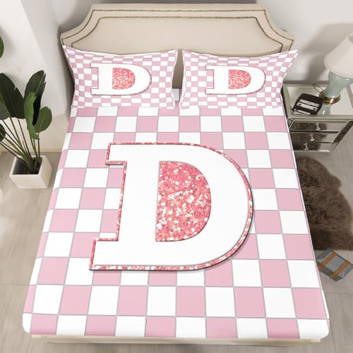 Image of Erosebridal Pink Initial D Bedding Set Full Kawaii Plaid Checkered Bed Sheets Cute Personalized Monogram Sheet Set Kids Girls Teen Women,Fashion Grids Gingham Fitted Top Sheets 4 Piece