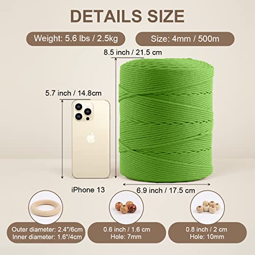 Image of ZUEXT Macrame Cord, Apple Green, 4mm x 547yds Cotton String Macrame Yarn | Natural Handmade, 4 Strands Twisted Cotton Rope, for Craft Wall Hanging Weaving Tapestry Dream Catchers Hanger DIY Gift, 500m