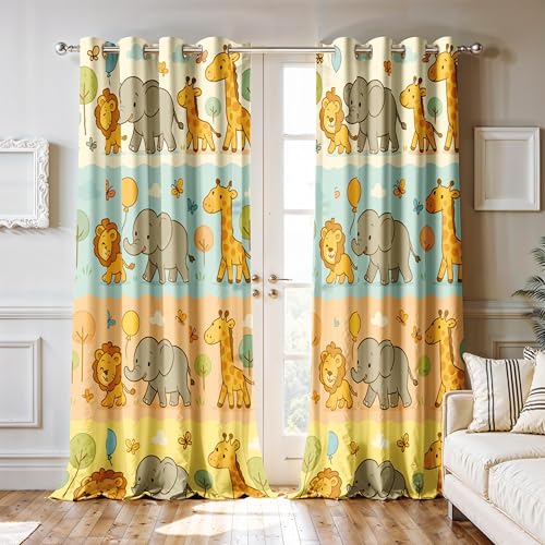 Image of Ultimate Trends Light Filtering Kids Curtain | Fairy, Dragon Castle, Safari & Jungle Animal Prints | for Kids Room Doors and Window | 6 FEET Pack of 2 |Savannah Pastel