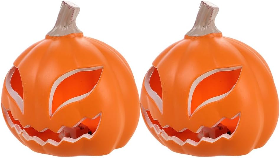 TOYANDONA 2Pcs Halloween Pumpkin Lanterns - Large Lighted Hollow Pumpkin Decor for Window Display Halloween Party Table Decoration 5.3 Inch