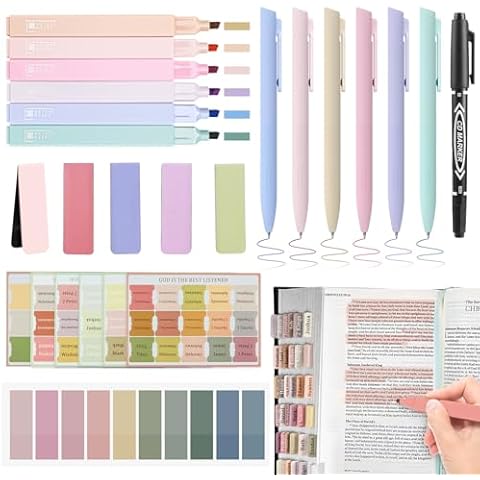 DazSpirit 25Pcs Bible Journaling Kit, 6 No Bleed Bible Highlighters, 6 Smooth Writing Pens, 90 Bible Tabs, Magnetic Bookmarks, Sticky Notes, Bible Study Supplies, Bible Study Kit for Women Cover