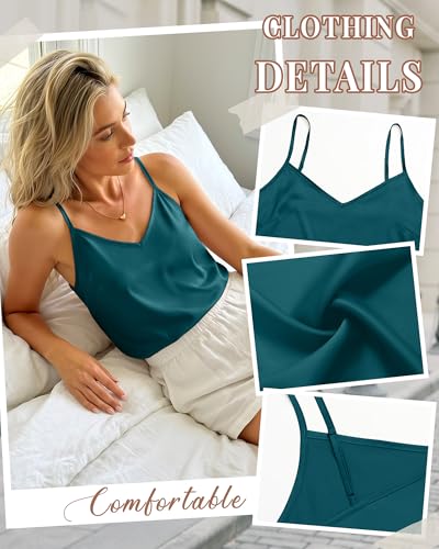 Image of 3 Pack Women's Silk Satin Camisoles V Neck Tank Tops | 95% Polyester, 5% Spandex, Adjustable Spaghetti Strap, Loose Blouse, Daily Wear, Sleeveless, Classic V Neck