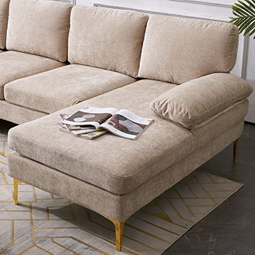 Karl Home Convertible Sectional Sofa 110" U-Shape Sofa Couch 4-Seat Couch With Chaise Chenillefabric Upholstered For Living Room, Apartment, Office, Camel #TOP5