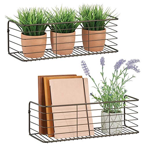 mDesign Juego de 2 estantes de metal para baño, cocina, pasillo o lavadero – Estante de pared ancho en alambre de metal – Cestas de rejilla compactas – color bronce