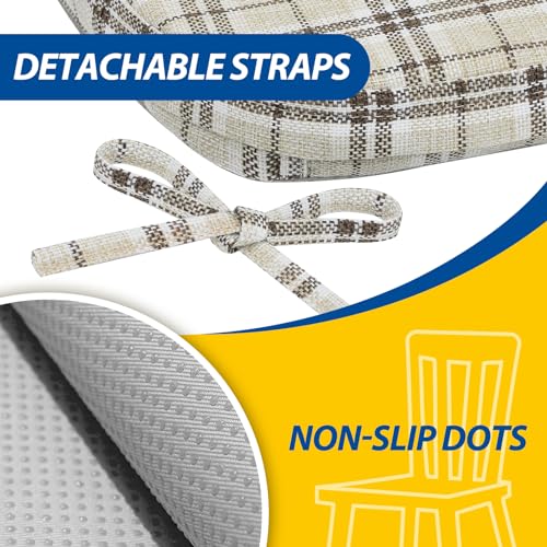 Image of AAAAAcessories D-Shaped Chair Cushions, 2 inch Thick Dining Chair Pads with Ties and Removable, Machine-Washable Cover, 17 inch x 16 inch, Set of 2, Tan Plaid