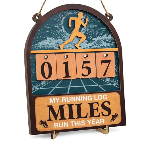 Miles Run This Year Tracker Sign - Wooden Yearly Running Log Counter Home Decor - Running Gifts for Women Men Runners, Marathon Runner Gifts