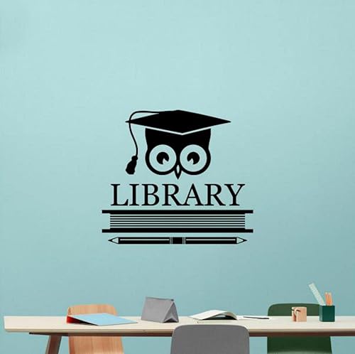 Calcomanía de vinilo para pared de biblioteca libros de lectura arte de pared letrero de biblioteca búho decoración escolar calcomanías de lectura