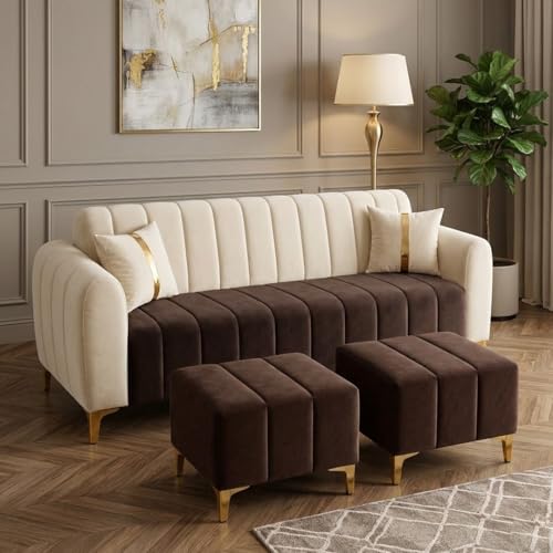 Image of FURNY Harmony 5 Seater L Shape Sofa Set with 2 Movable Ottoman & Golden Legs | Flexible Left or Right Layout | Plush Velvet Fabric (Dark Brown-Cream) | Perfect for Living Room, Guest Room & Office