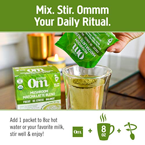 Om Mushroom Superfood Matcha Latte Blend Mushroom Powder, Single Serve, 10 Count, Green Tea, Lion's Mane, Reishi, Chaga, Turkey Tail, Focus & Stress Support Supplement #TOP5