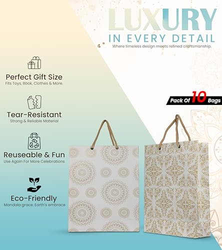 Image of Creative Art White & Gold Paper Gift Bags Medium (Pack of 10) - Durable Kraft Paper, Stylish Look, Eco-Friendly, Reusable Gift Bags for Return Gifts, Birthday Parties, Festivals & Gifting Need