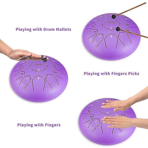 Steel Tongue Drum-13 Note 12 Inch Percussion Instrument Lotus Hand Pan Drum C key with Drum Mallets Carry Bag…