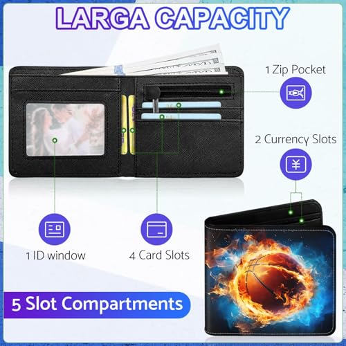 Image of Boys Wallet for Kids, Cool Kids Wallet for Boys Ages 8-10 9-12 11-15, Funny Basketball Leather Bifold Rfid Blocking, Coin Pocket Id Window for Teen Men Youth Guys Birthday Christmas Gifts