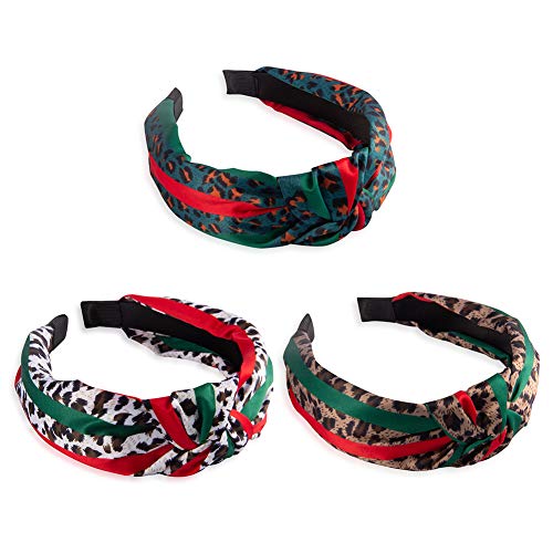 Designer Leopard Headband for Women - Red Green Twist Cross Knot Hair Hoops - Fashion Fabric Design Plastic Wide Hard Headbands for Women, Girls, Party, Christmas - 3 PCS of Pack (Cute)