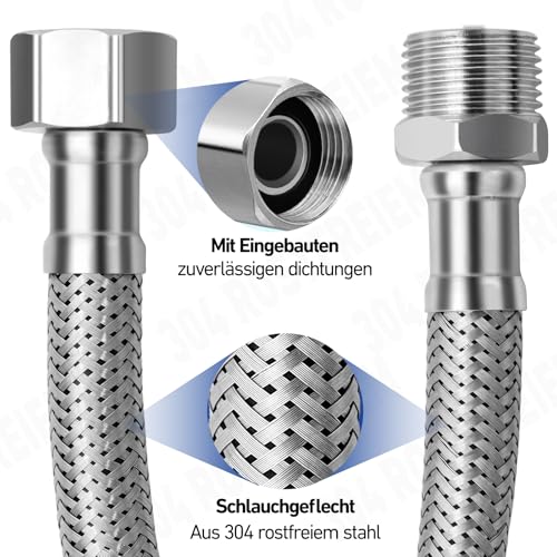 2 Stück 304 Edelstahl Flexschlauch 3/8, 20 cm Panzerschlauch 3/8 Zoll Überwurf und Außengewinde, Armaturenschlauch für Wasserhahn Eckventil Wassererhitzer
