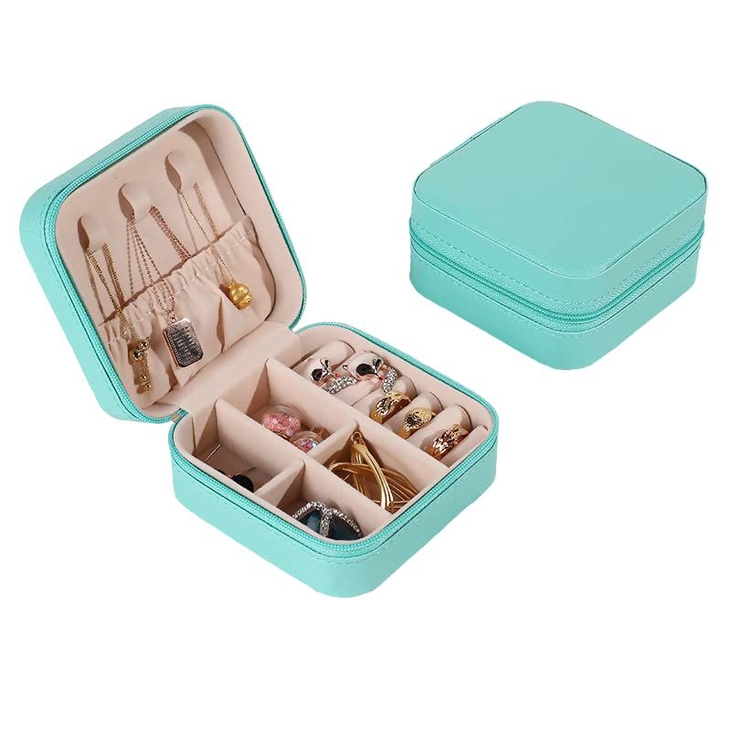 AUGEN PU Leather Small Jewelry Box For Women, Portable Travel Jewelry Case Organizer Storage, Jewelry Organizer For Ring Earring Necklace Bracelet (Light Blue)
