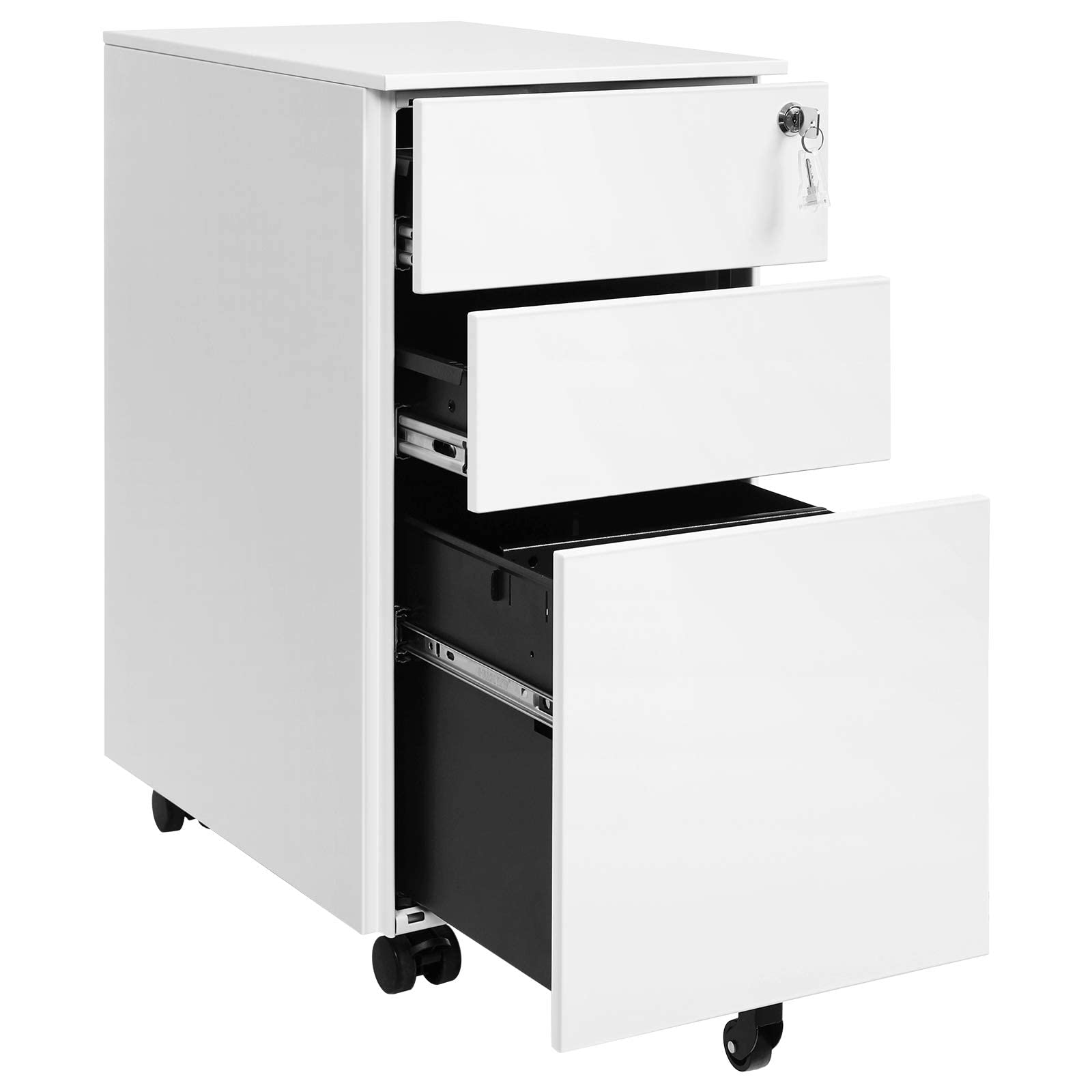SONGMICS Mobile File Cabinet, Armadietto da ufficio con ruote e serratura, per A4, legale, documenti formato lettera, cartelle sospese, bianco OFC031W01