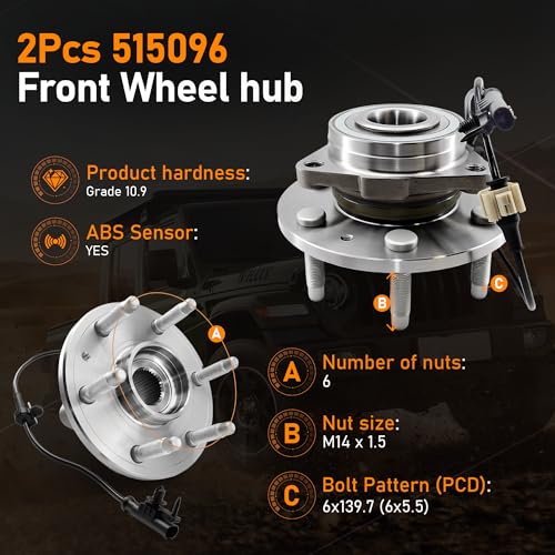 BasaltAuto 2Pcs 515096 [4WD AWD] Front Wheel Hub Bearing Assembly 6 Lugs w/ABS Compatible for Cadillac Escalade ESV EXT Chevy Silverado Suburban 1500 Tahoe Avalanche GMC Sierra Yukon XL 1500 2007-2014 by BasaltAuto - Used condition - Image 3