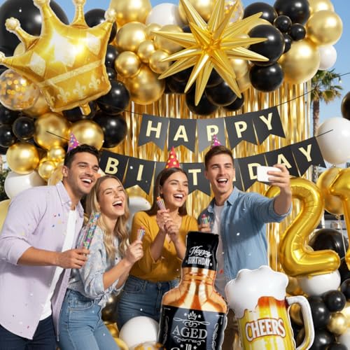 Image of 21st Birthday Decorations for Him 150pcs with Number 21 Foil Balloon Fringe Curtains White Black and Gold Balloons Arch Kit for 21st Birthday Decorations Graduation Birthday Balloons for Bed
