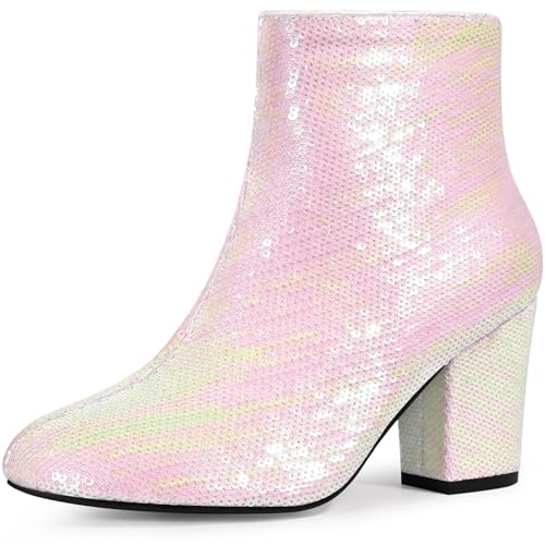 Allegra K Women's Round Toe Block Heels Sequin Ankle Boots
