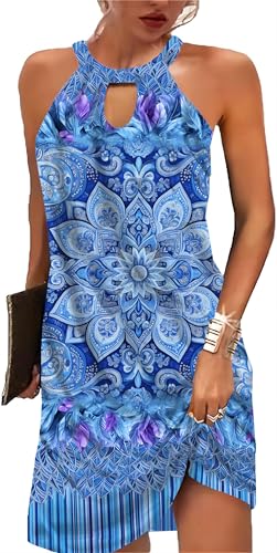 Image of Kubsid Halter Dresses for Women 2026 Casual Floral Print Summer Dresses Hollow Out A-line Sundresses for Beach Vacation