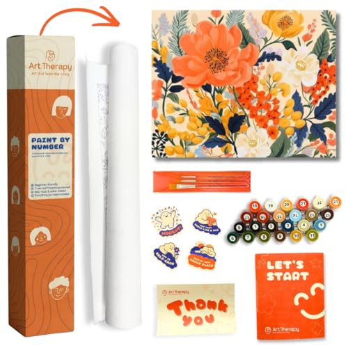Image of Art Therapy Pcn23 Linen Canvas DIY Paint by Numbers Kit 15 x 20 Inch for Adults and Kids with 2 Set of Acrylic Oil Painting Colors with Brushes for Stress Relief & Home Decoration (Soft Morning Florals)