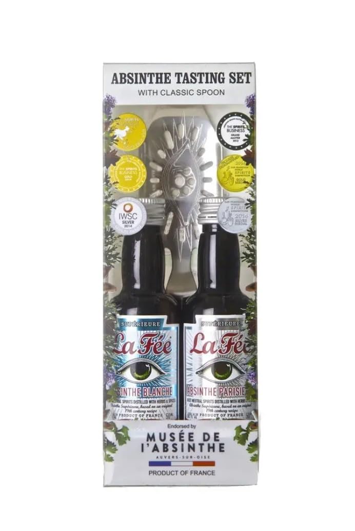 La Fée Absenta Superior Tasting Set | 1 Absenta Parisienne Verde 50 ml 68% Vol. + 1 Absenta Blanca 50 ml 53% Vol. | Elaborado en Francia | Incluye Cuchara de regalo "Perfect Serve Absinthe"