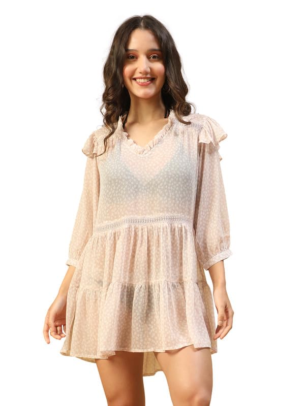 oxolloxo Women Blue Printed V-Neck with Frill Long Sleeve Beachwear Chiffon Dress with Lace & Ruffle Detailing-picture-24