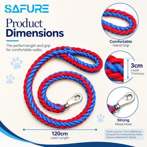 Image of Dog Leash Heavy Duty, Braided Nylon 120 cm Long and 3 cm Wide Dog Belt for Large Dogs and Medium Dogs, Walking Rope with Loop Handle and Swivel Metal Hook (Red and Blue)