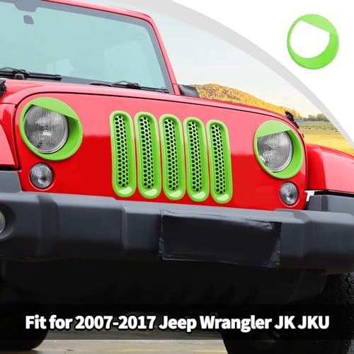 Image of JWWY Front Grille Insert Radiator Grille Grillwork Surround Assembly Inserts Headlight Headlamp Cover Trim Set Fit for 2007-2017 Jeep Wrangler JK JKU Exterior Accessories 9pcs Green