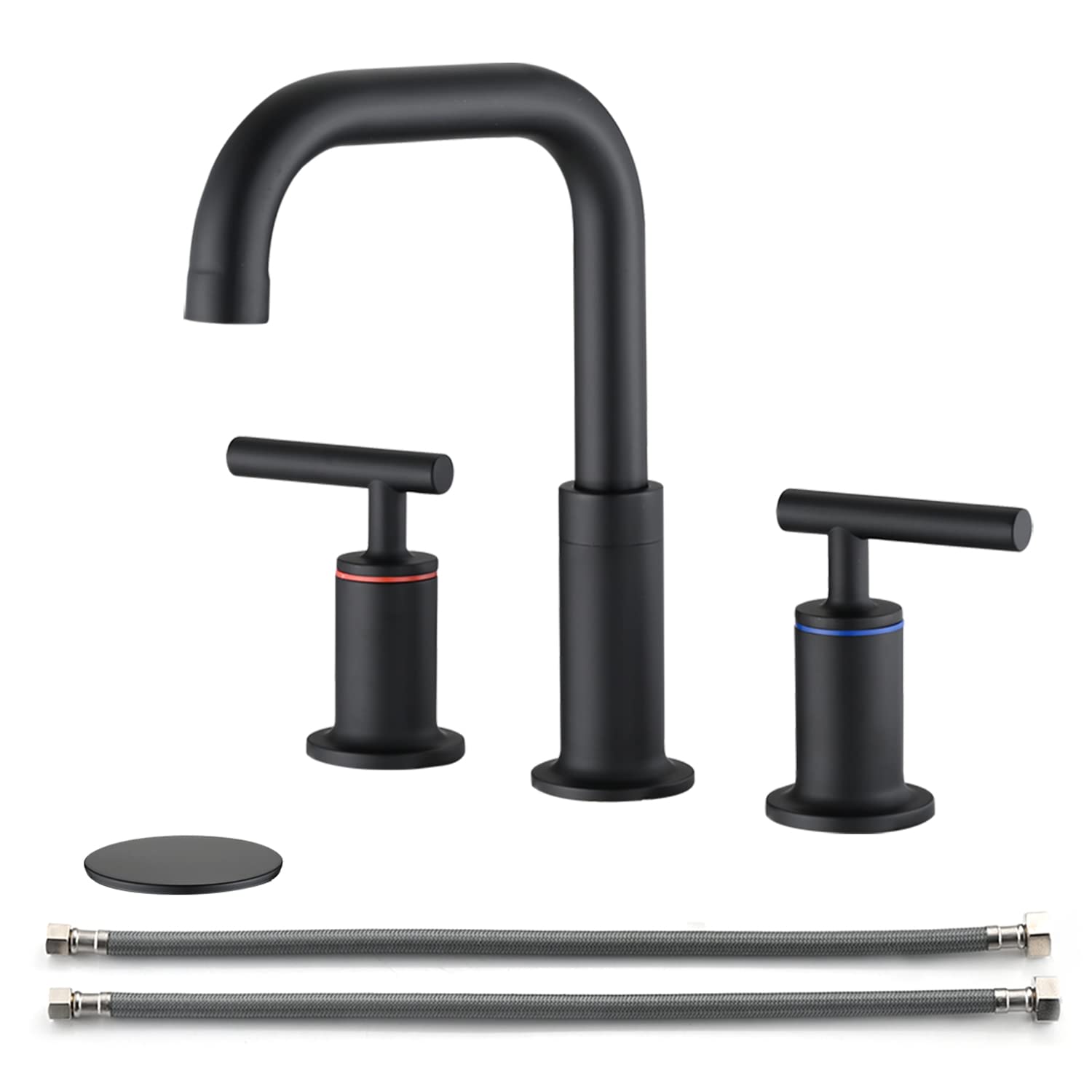 COSZWQDP Widespread Double Handle Bathroom Faucet with Pop Up Drain High Arc Spout Matte Black Finish