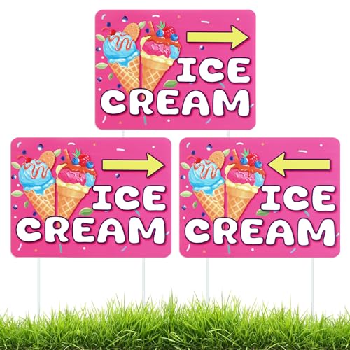 Geelin 3 Pcs Ice Cream Yard Signs with Metal Stake 12x16 Summer Ice Cream Stand Signs Pink Double Sided Print Themed Party Decorations for Yard Outdoor Advertisement Business Store