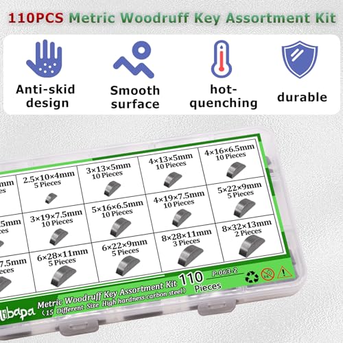 Image of 110PCS Metric Woodruff Key Assortment Kit, 15 Sizes Carbon Steel Woodruff-key Kit Woodruff Key-Crankshaft-Keyway Shaft Feather Key for Fastening Connection