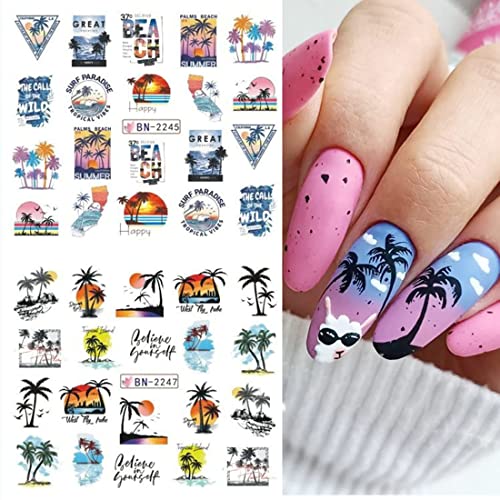 12Pcs Summer Palm Tree Nail Art Stickers Decals Water Transfer Coconut Tree Nail Decals For Women Tropical Style Ocean Beach Nail Design Sticker For Diy Nail Art Decorations Manicure Tips Accessories #TOP4