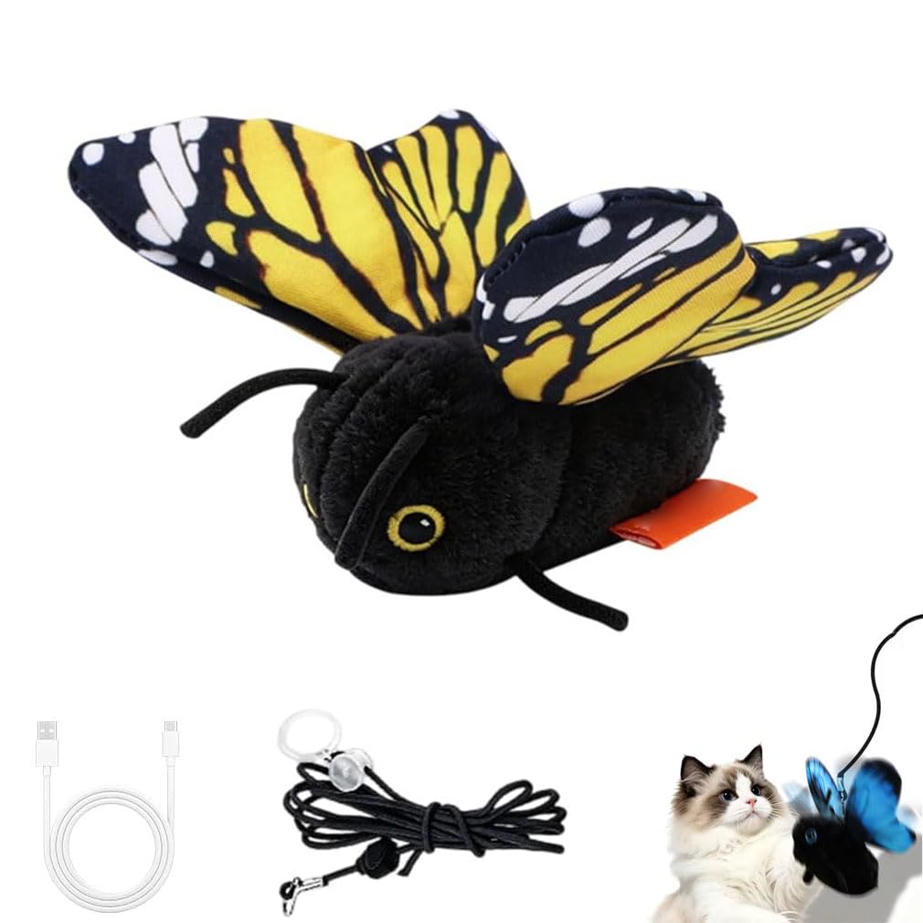 Cat Interactive Toys for Indoor Cats Fluttering Butterfly Toy, Interactive Plush Cat Toys Catnip Toys, Hanging Elastic String Butterfly Cat Teaser, Rechargeable Cat Exercise Toy for Indoor，Yellow