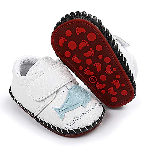 HsdsBebe Baby Boys Girls Pu Leather Hard Bottom Walking Sneakers Toddler Rubber Sole First Walkers Infant Cartoon Slippers Crib Shoes(JML1164 Dolphin White,2)