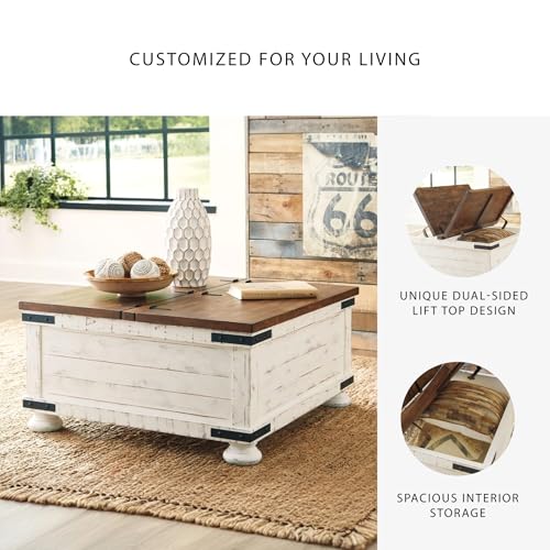 Signature Design by Ashley Wystfield Farmhouse Square Storage Coffee Table with Hinged Lift Top, Distressed White