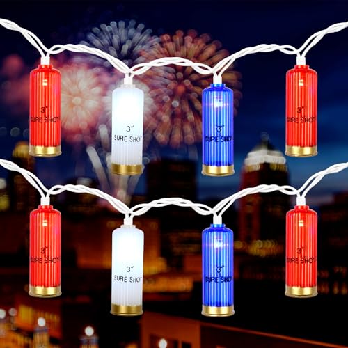 Jasneniebo 8.5Ft 4th of July String Lights 10L LED Red White and Blue Shotgun Shell Lights Plug in for Home Classroom Porch Backyards Tree Patriotic Holiday Decorations Indoor and Outdoor Use